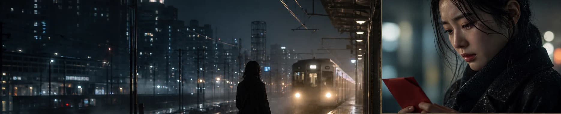 雨夜火车站中同一角色发现红色信封的四格短剧分镜