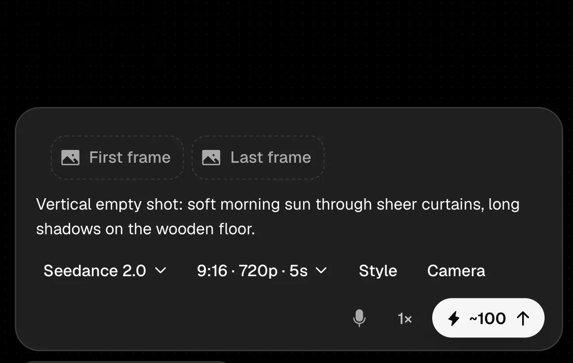 Shot 1's settings panel: Seedance 2.0, 9:16 · 720p · 5s, and the generate button showing the shot's credit estimate (real screenshot)