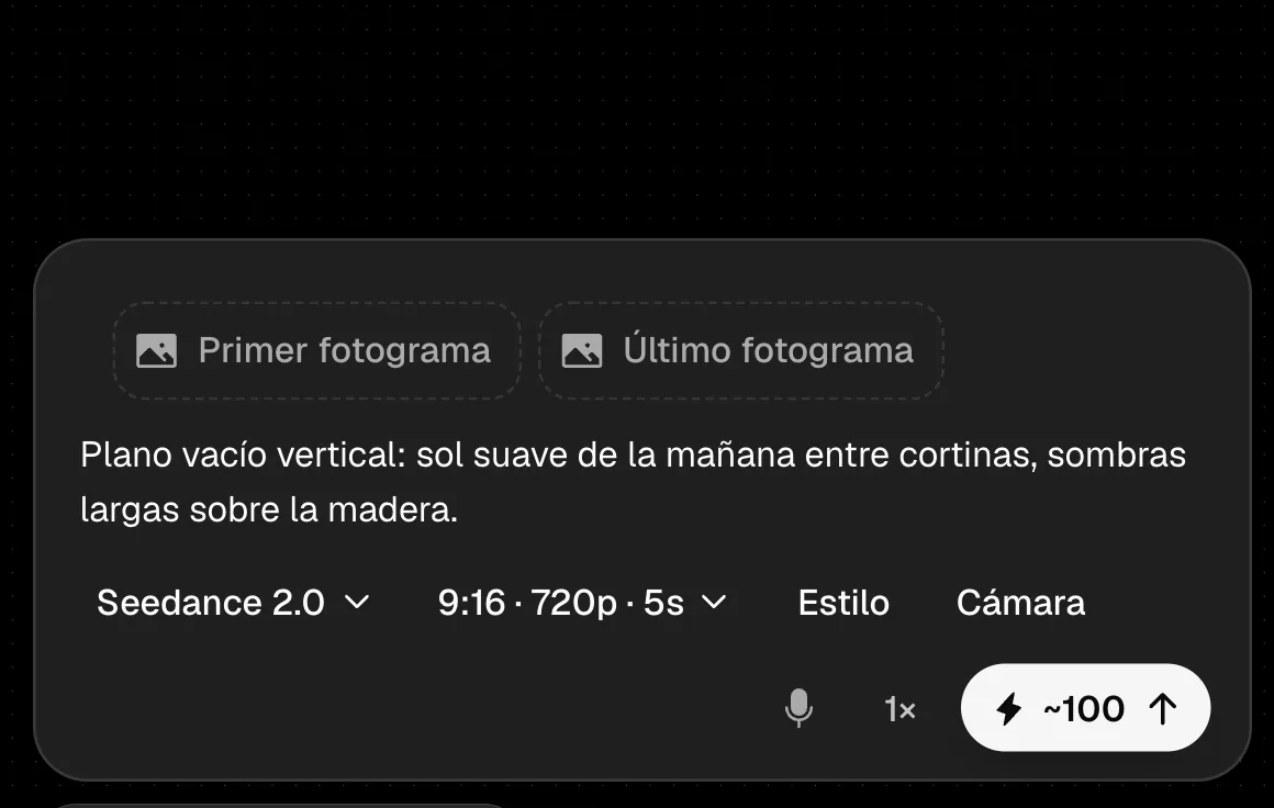El panel de ajustes de la toma 1: Seedance 2.0, 9:16 · 720p · 5s, y el botón de generar con la estimación de créditos de la toma (captura real)