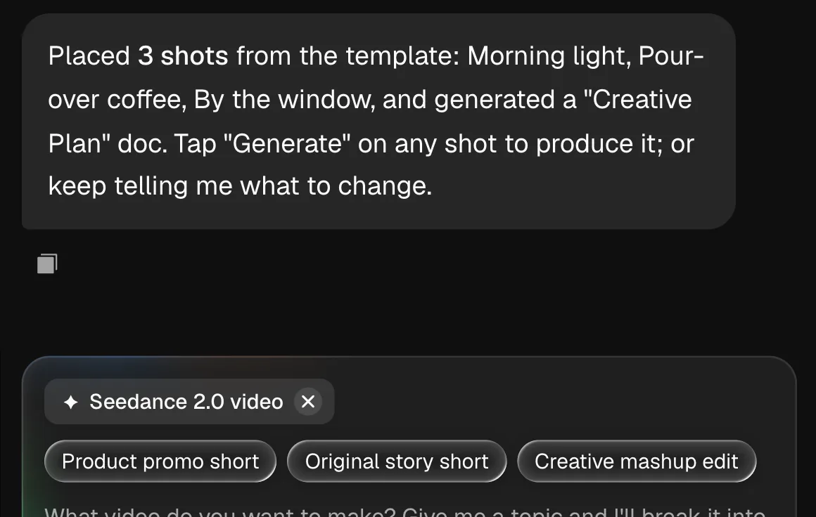 The director chat: the input box with its skill tag, three template starting points and prompt line; on wider screens the reply "Placed 3 shots from the template: Morning light, Pour-over coffee, By the window…" sits above it (real screenshot)